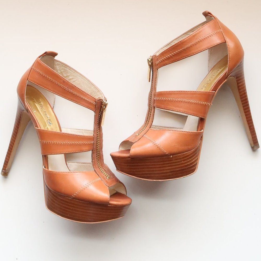 [Michael Kors] Caramel Brown Platform Stiletto High Heels Sandals 7.5